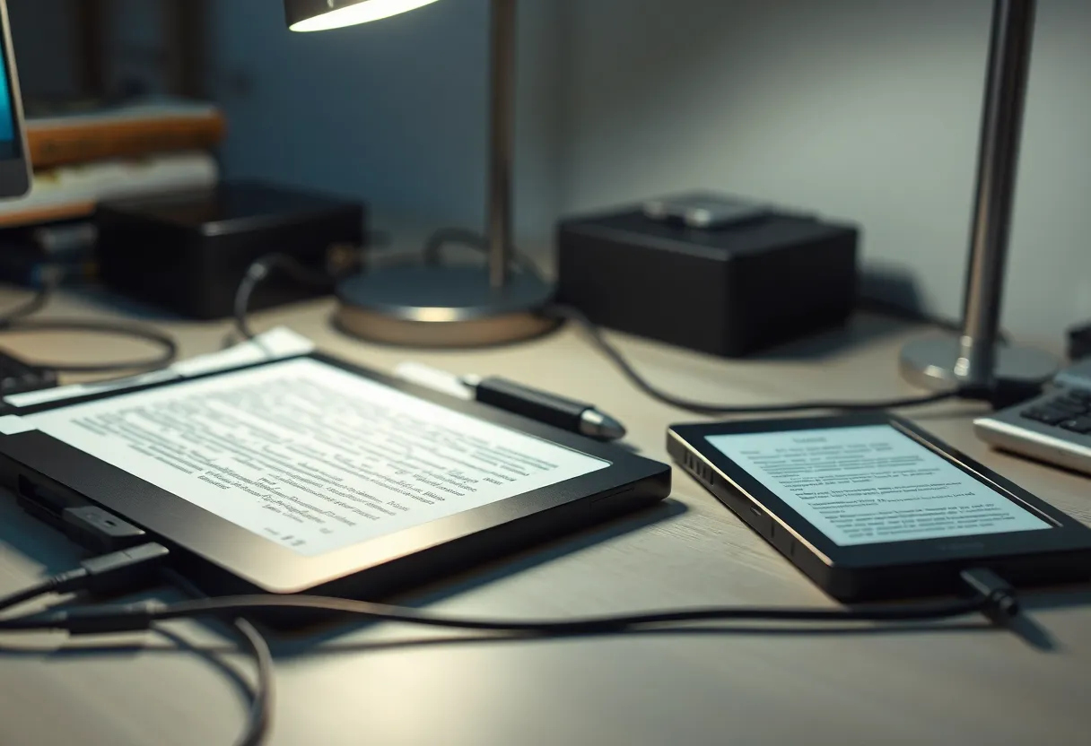Desk with sync cables and a portable e-ink reader under a lamp
