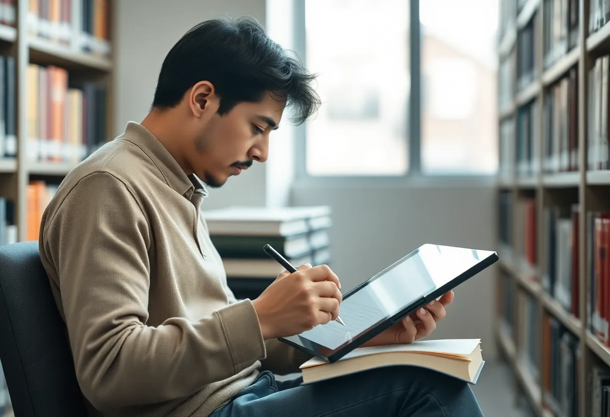 Person searching notes on an e-ink tablet in a library corner