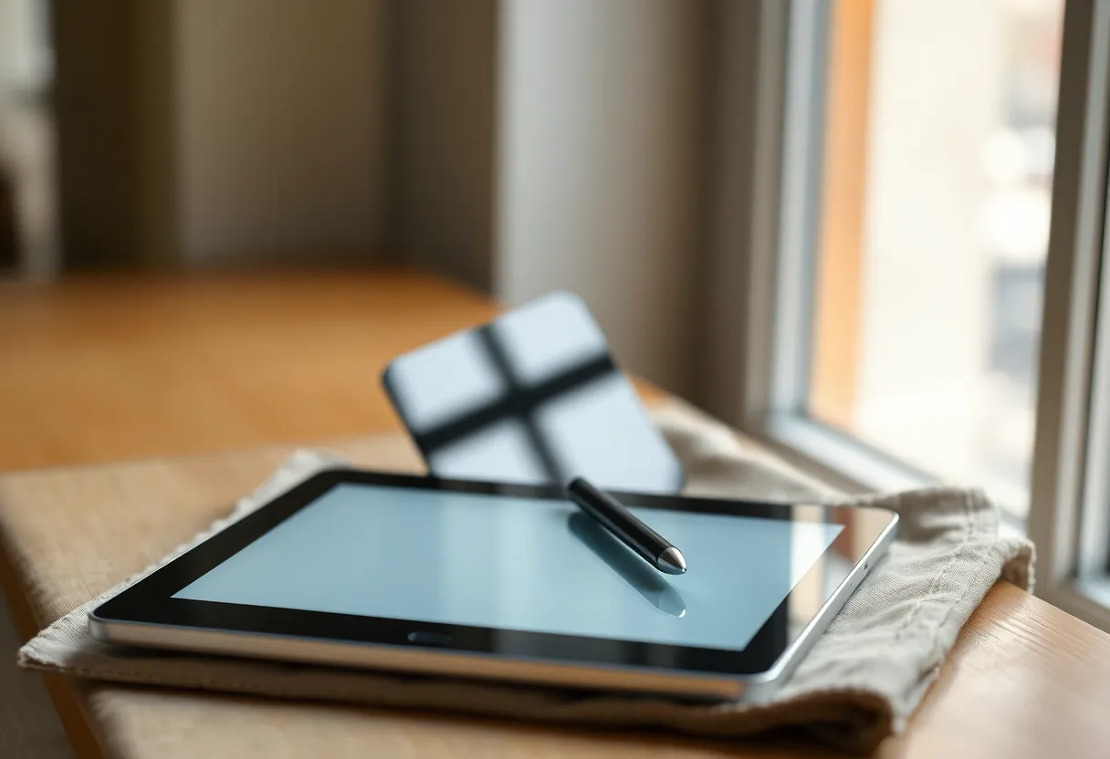 Stylus and e-ink tablet on linen near a window