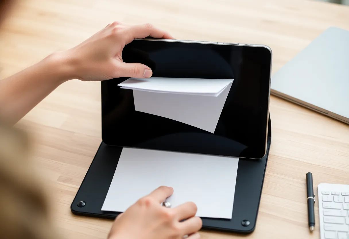 Person moving pages from a tablet into a desk folder