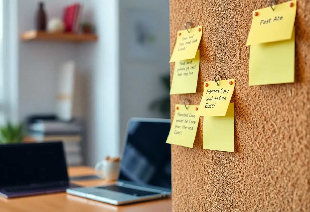Sticky notes on a corkboard near a laptop