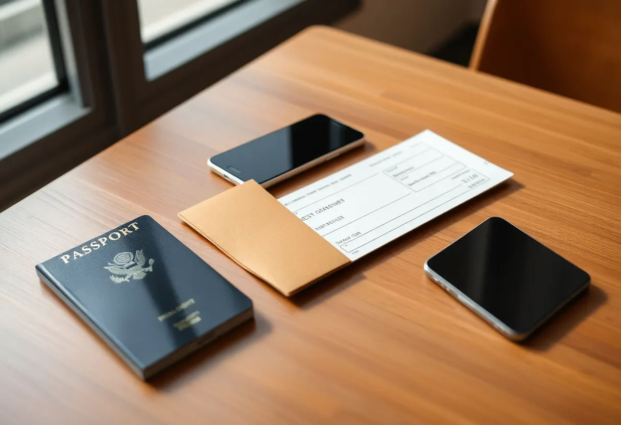 Two phones on a passport and boarding-pass desk, travel light