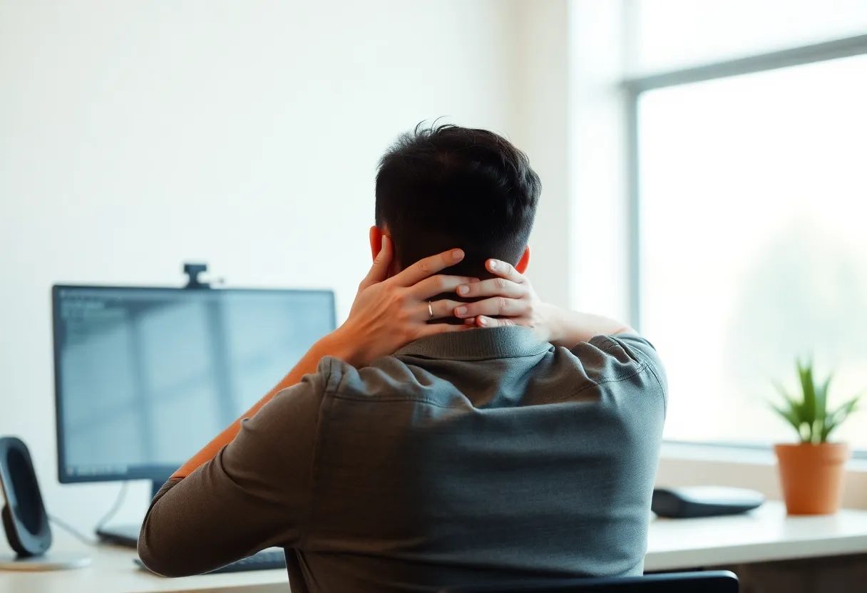 Person at a desk rubbing their neck near a low second monitor
