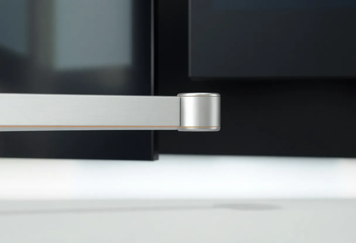 Close-up of brushed metal monitor arm joints