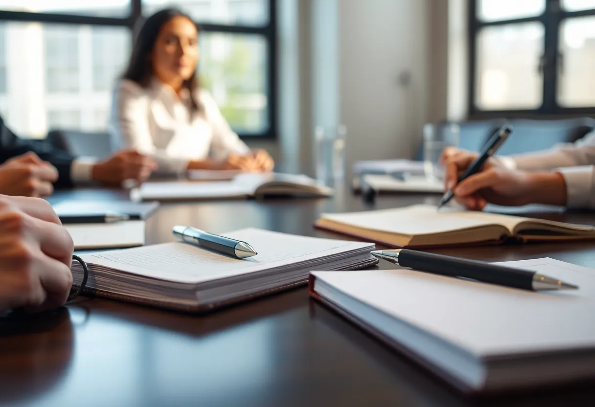Engineers debating calmly over notebooks in a meeting room