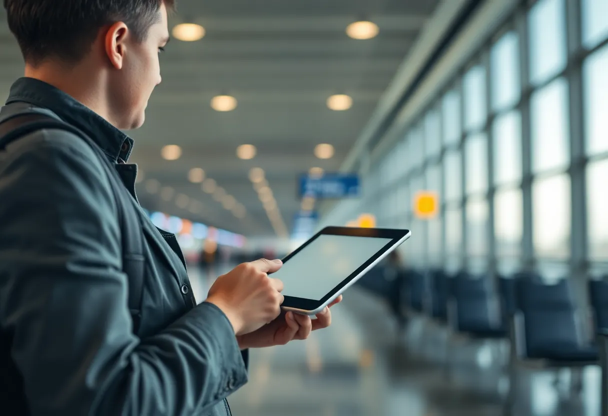 Person with e-ink device in an airport waiting area