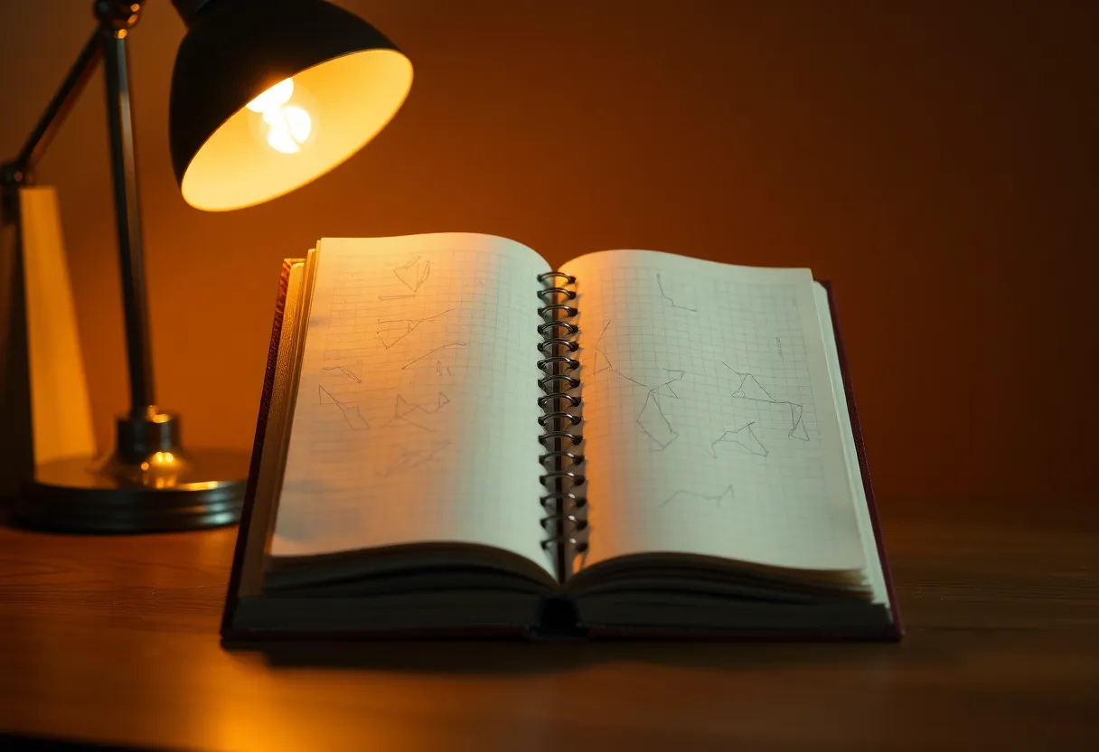 Two open notebooks with different handwriting density under a lamp