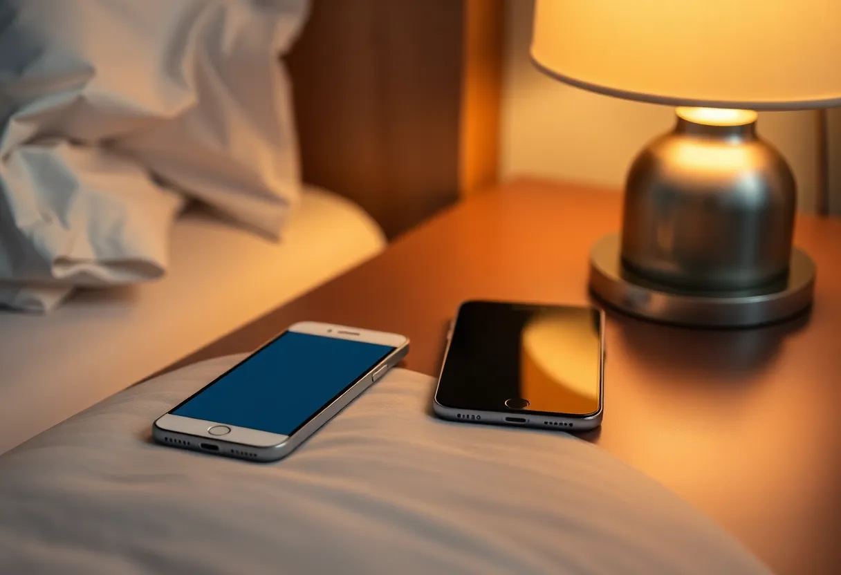 Inexpensive travel phone next to a nicer daily phone in a hotel room