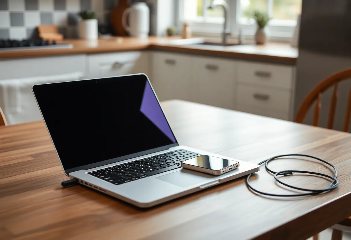 Laptop and phone on a kitchen table with ethernet cable