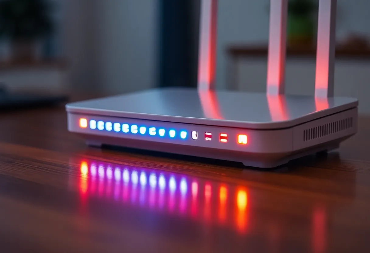 Home router LEDs reflecting on a wooden table