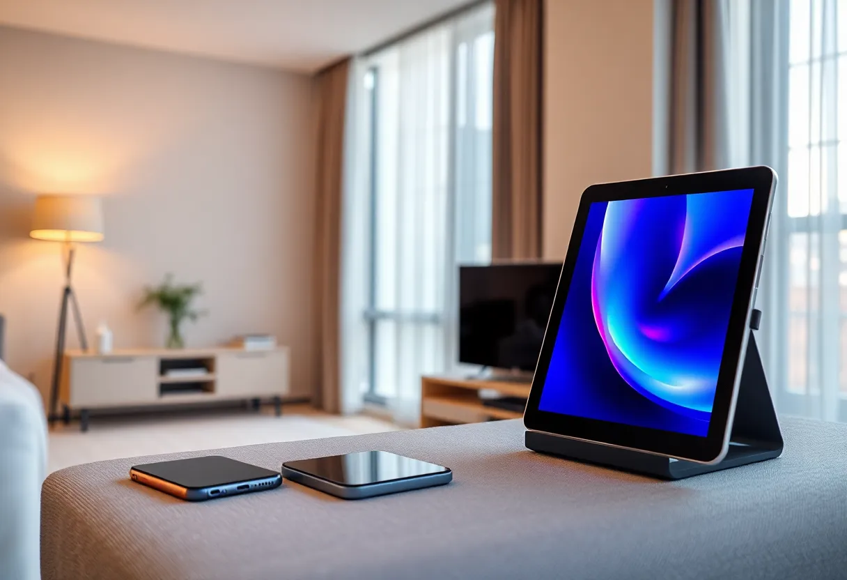 Phone and tablet charging near a living room window
