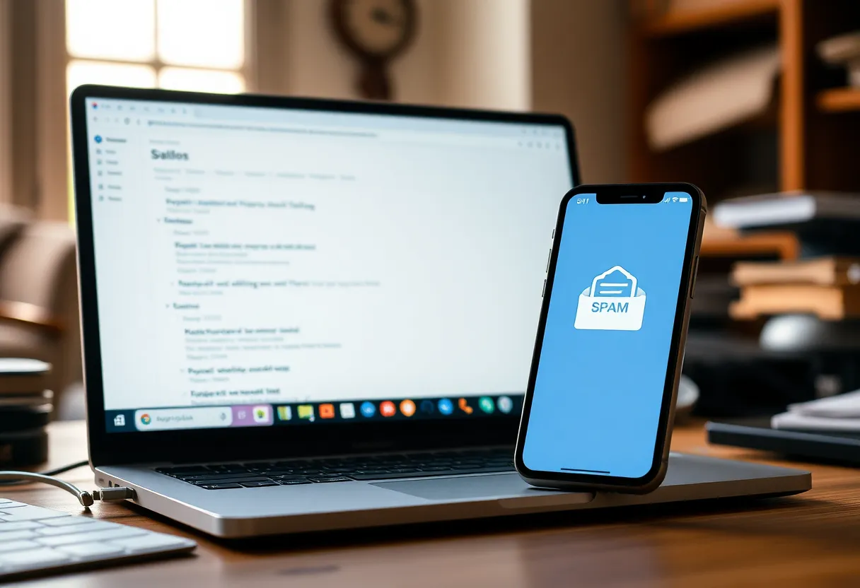 Home office laptop and phone with an inbox that never quite arrives