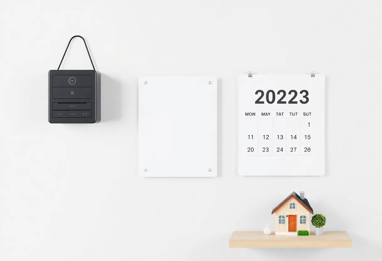 Wall calendar with circled date beside a small home server