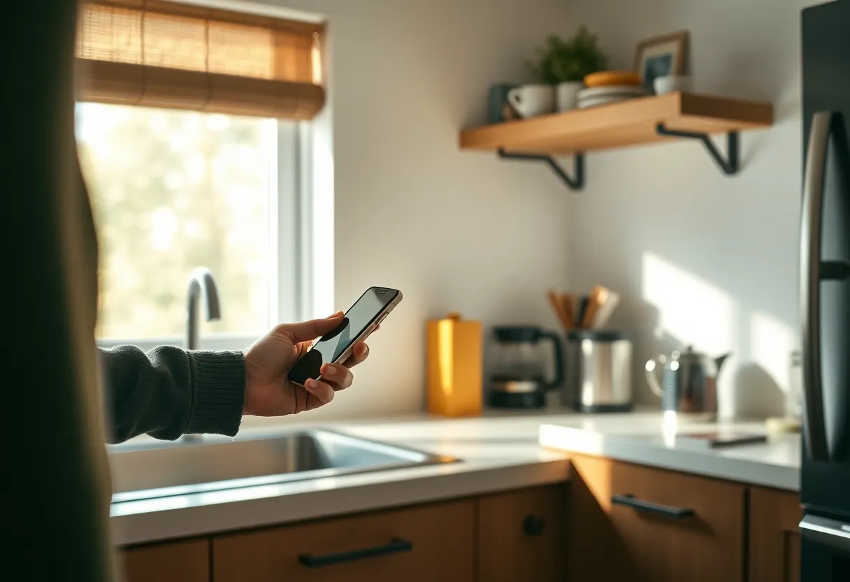 Person unlocking a phone in a kitchen while coffee brews