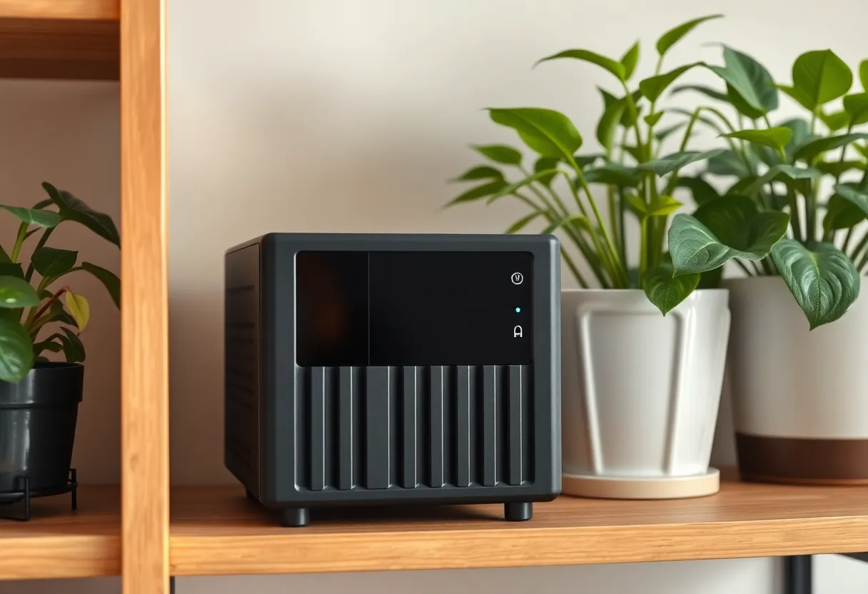 Small used NAS on a wooden shelf beside house plants
