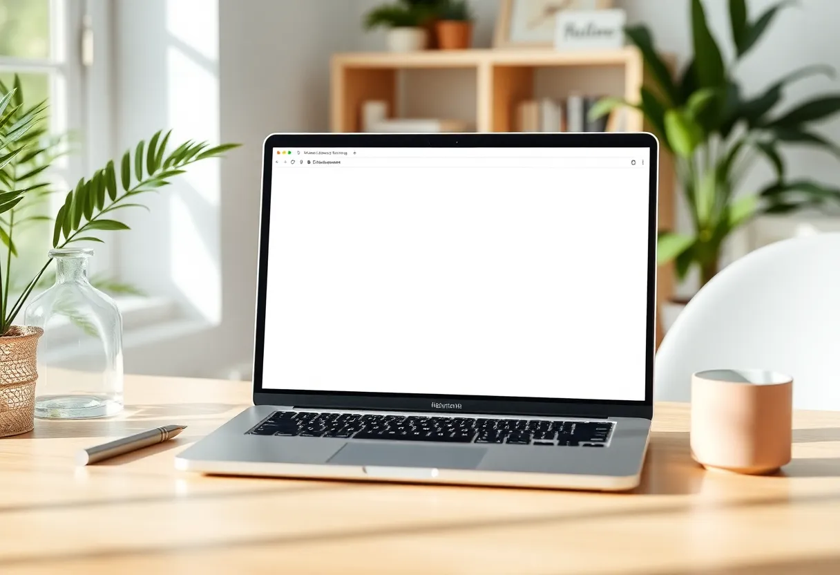 Laptop with a blank browser frame in a home office
