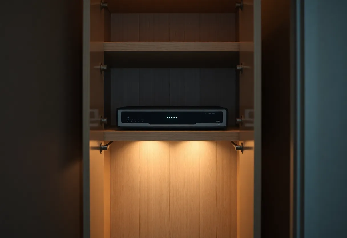 Closed router cabinet in an apartment closet