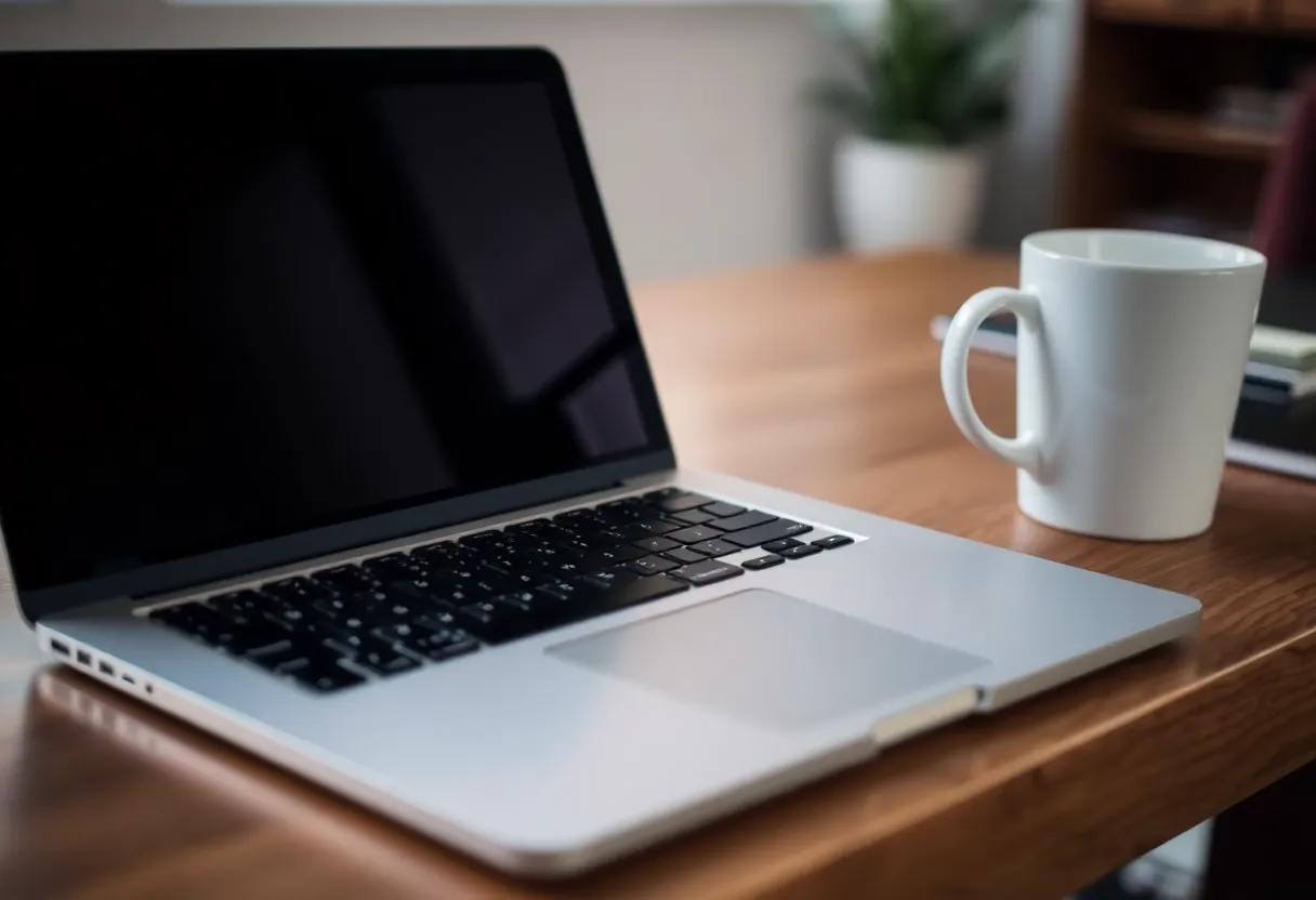 Open laptop near a coffee mug on a wooden desk
