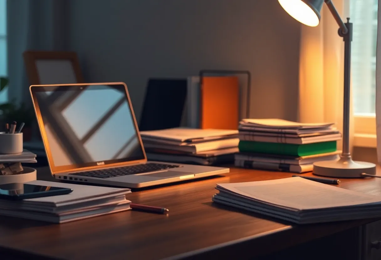 Home desk with a closed laptop and stacked notebooks under a lamp