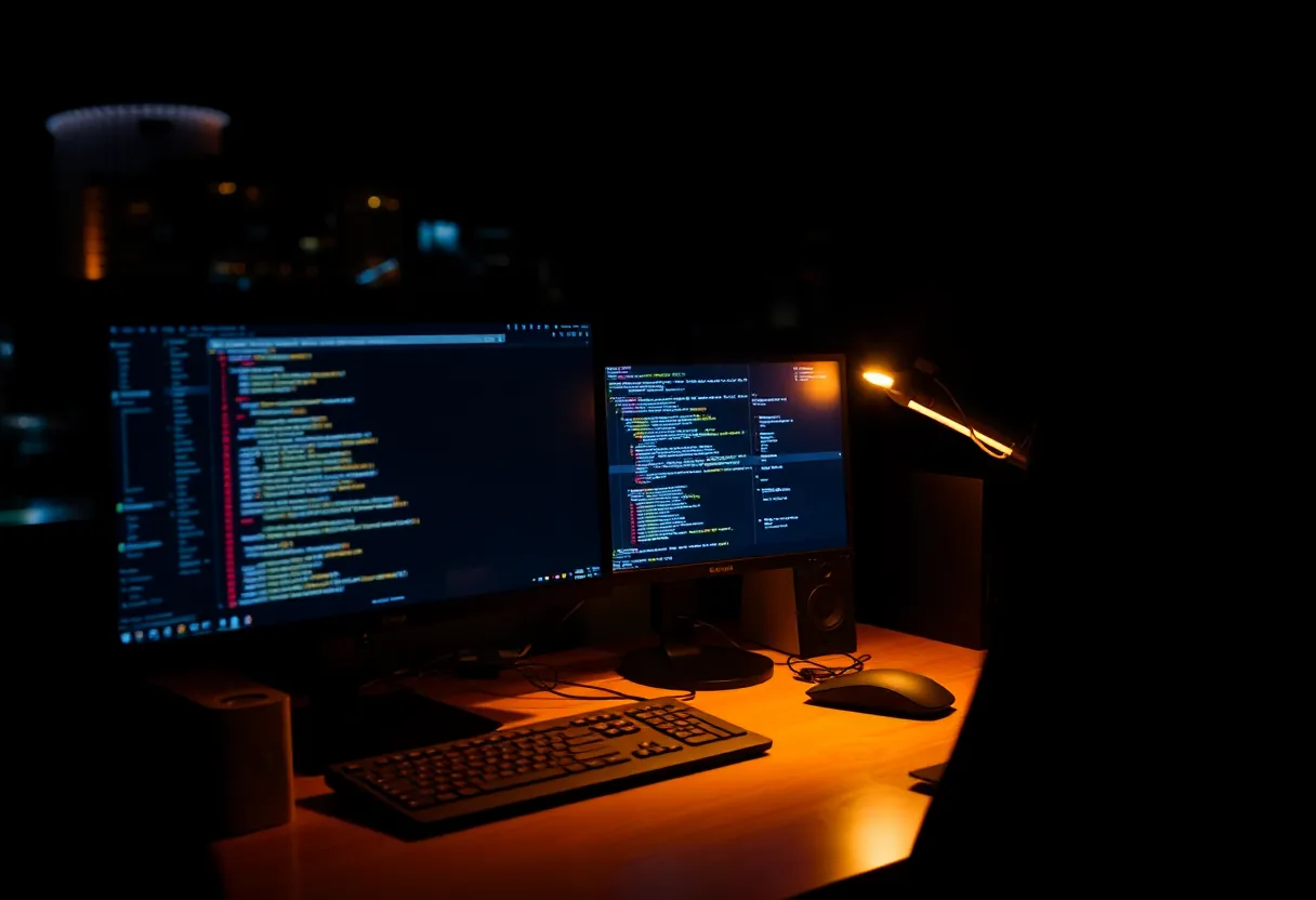 Two monitors with competing soft glows on a busy desk