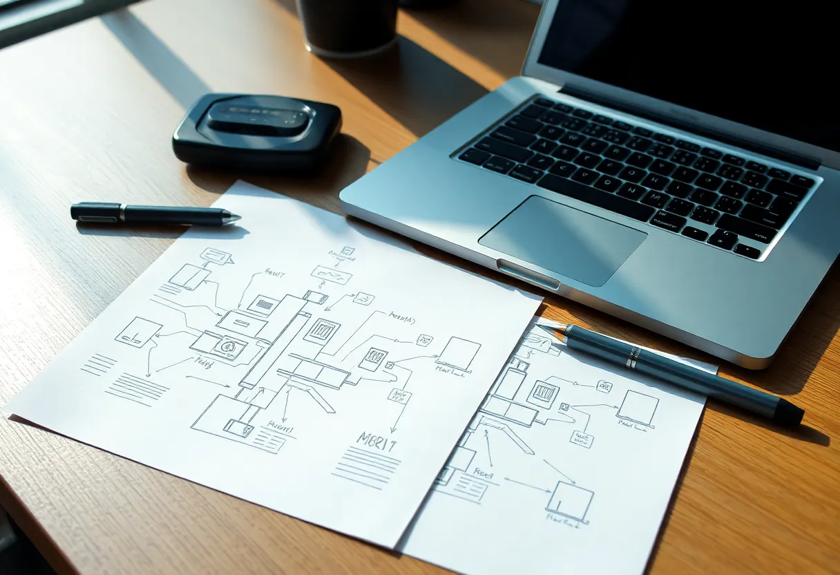 Printed software diagrams beside a laptop used for AI-assisted coding