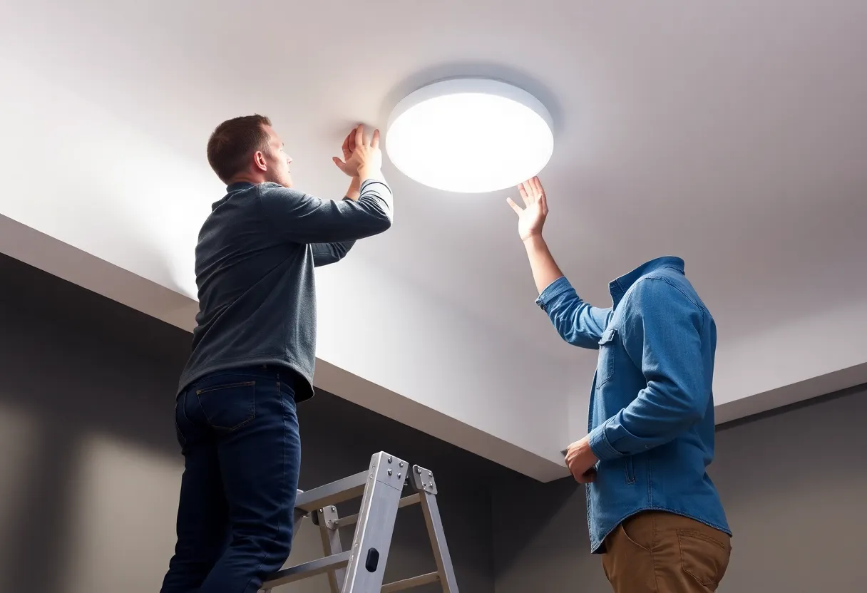 Person on a stepladder adjusting a ceiling light
