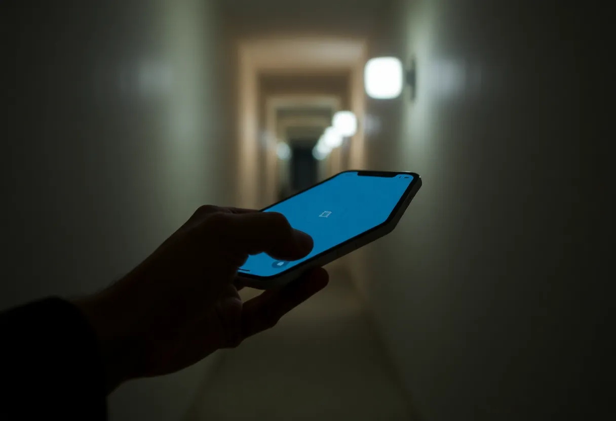 Smartphone controlling lights in a dim hallway