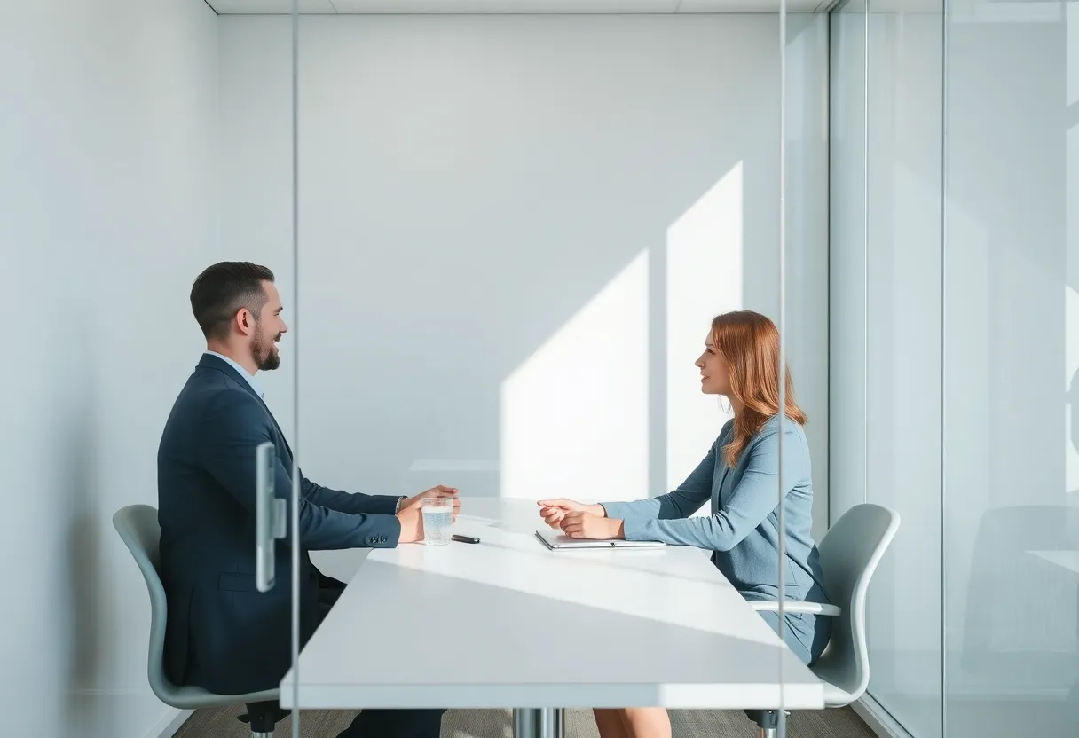 Quiet one-on-one conversation in a small meeting room