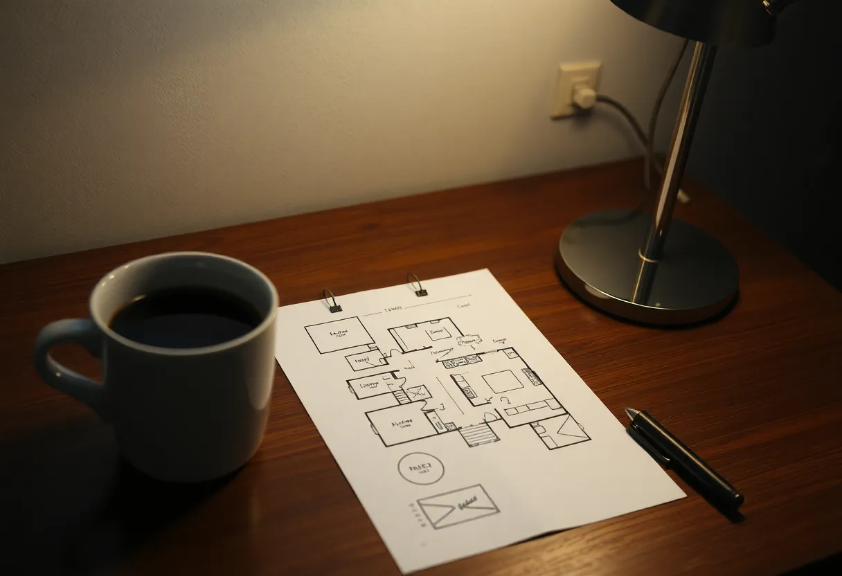 Floor plan sketch on paper beside a coffee cup