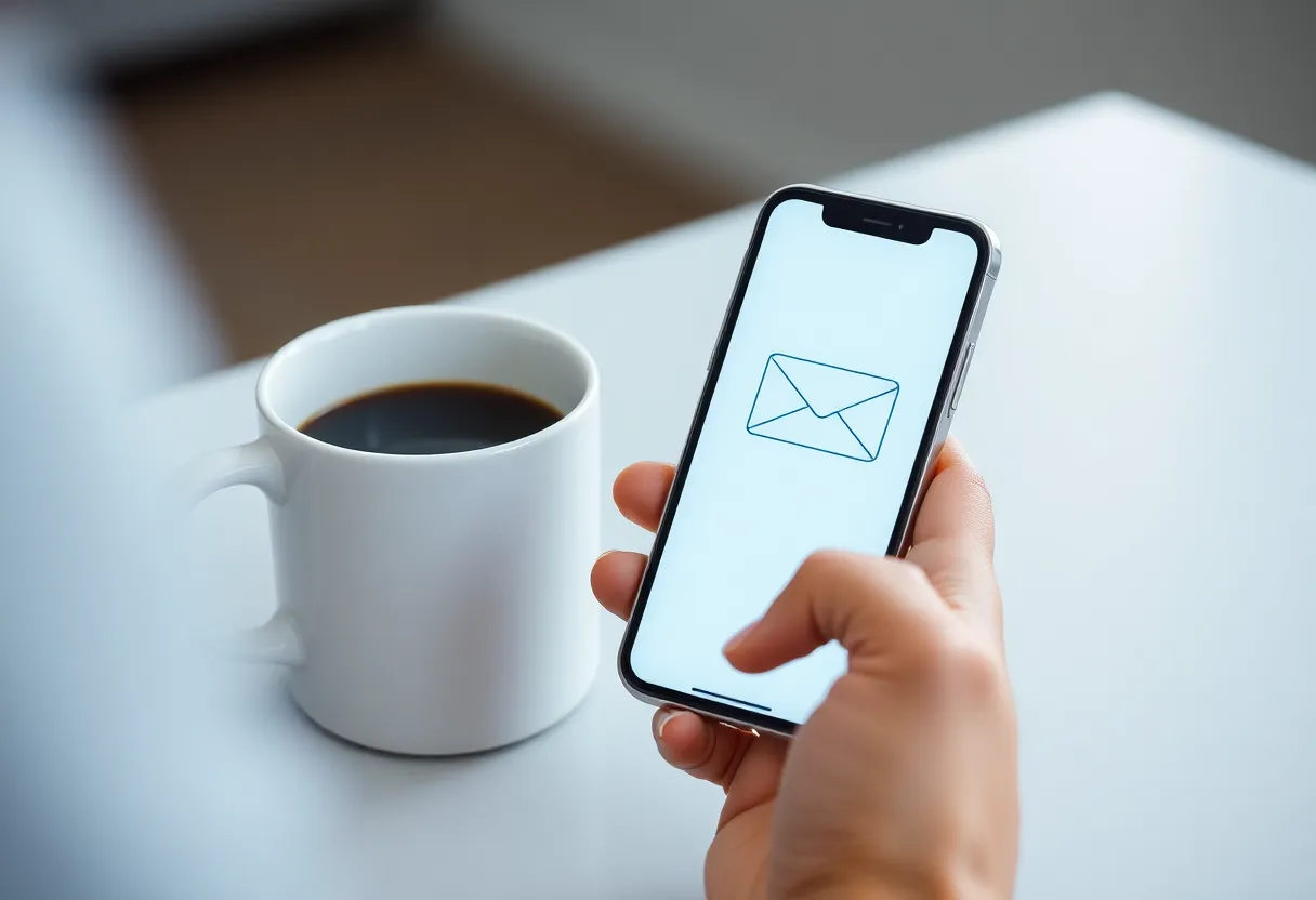 Person reading email on a phone beside coffee