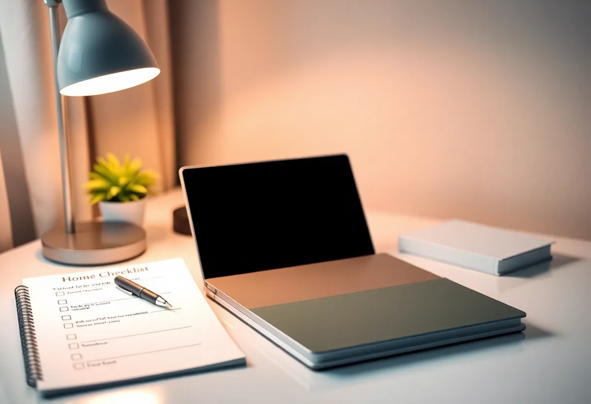 Notebook checklist on a desk beside a closed laptop