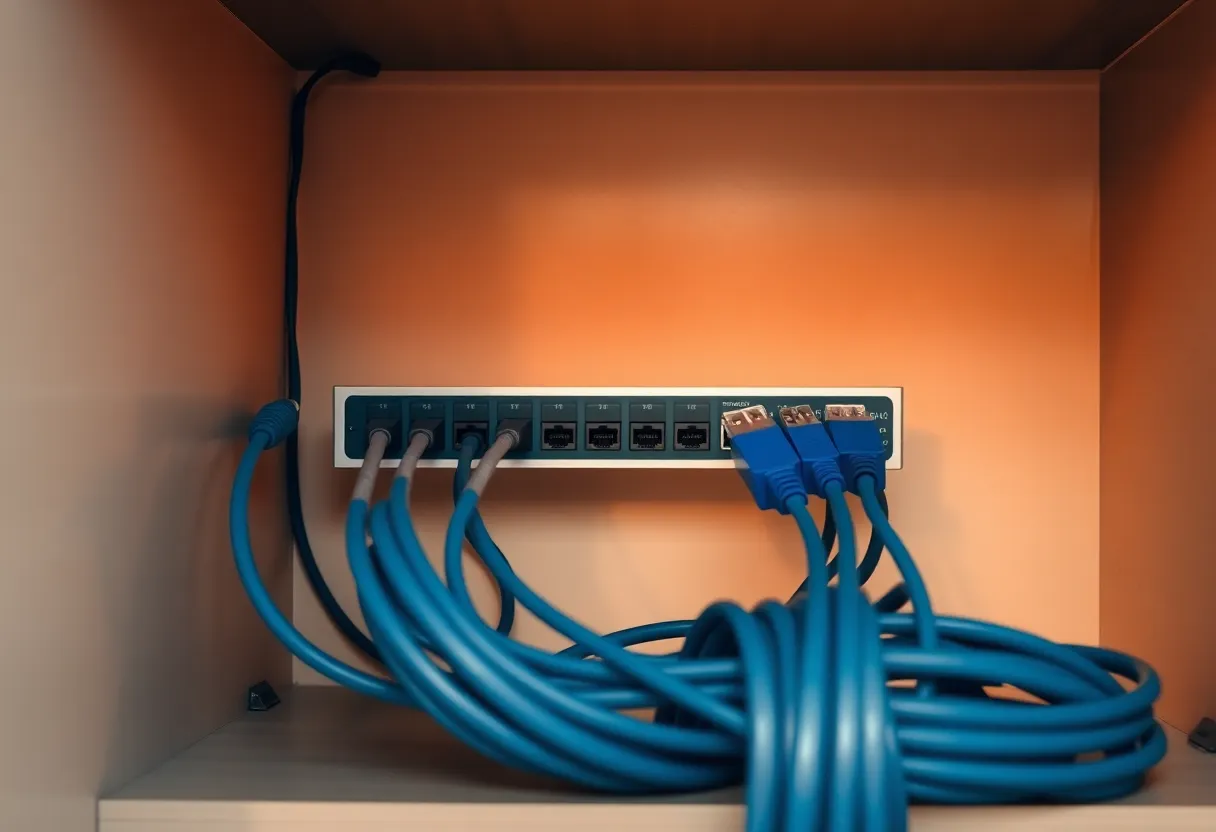 Power cables organized on a small network shelf