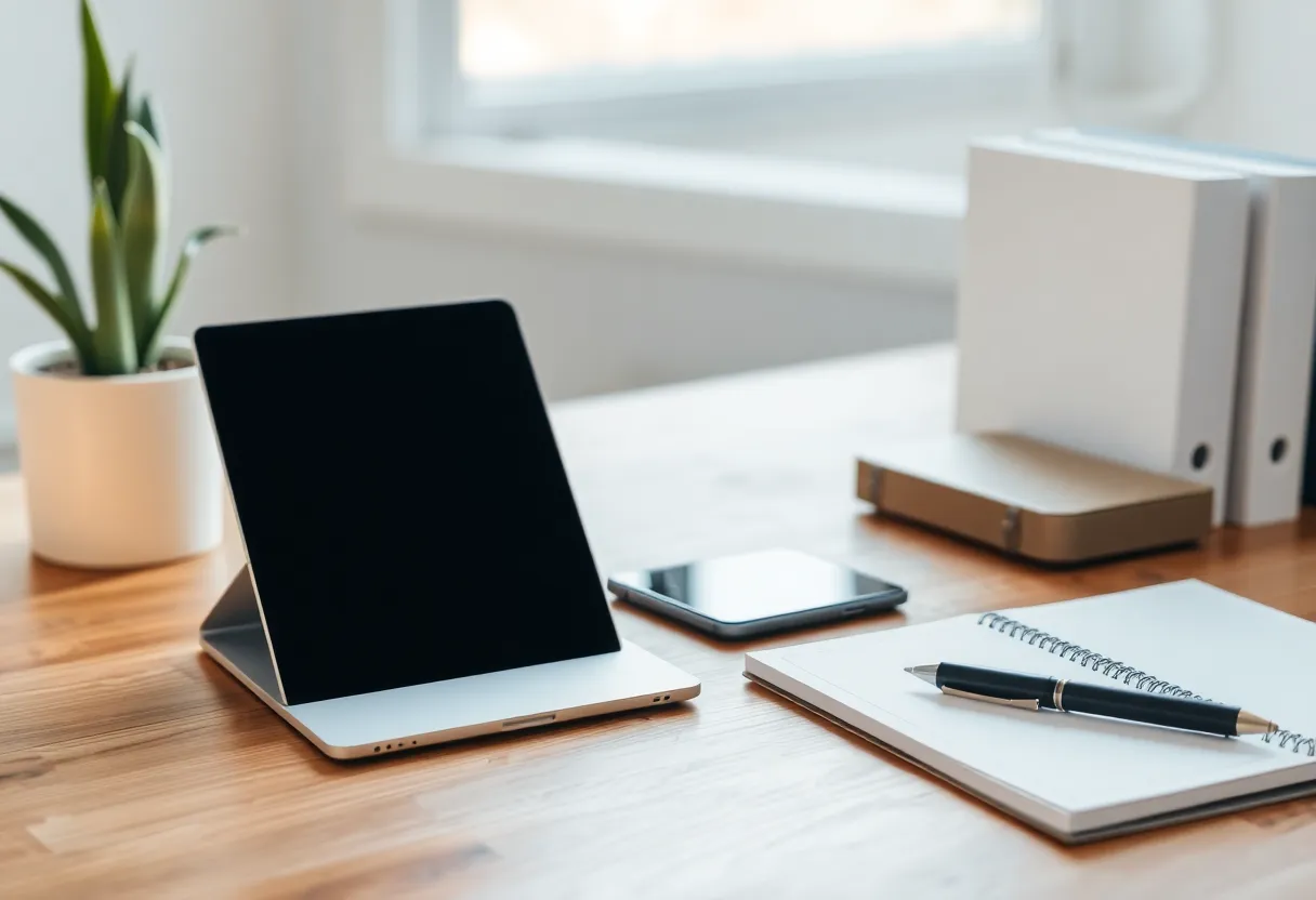 Notebook and phone on a wooden table