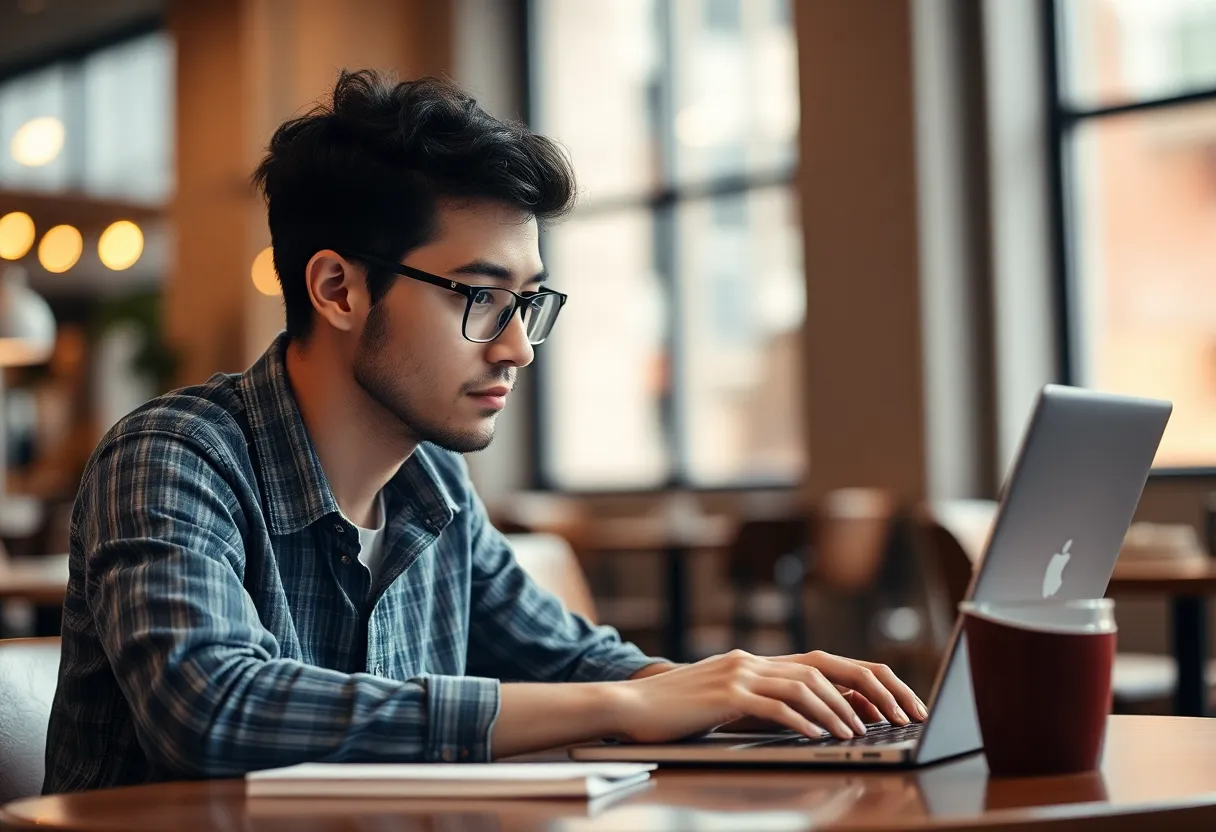 Person stressed at a laptop in a cafe