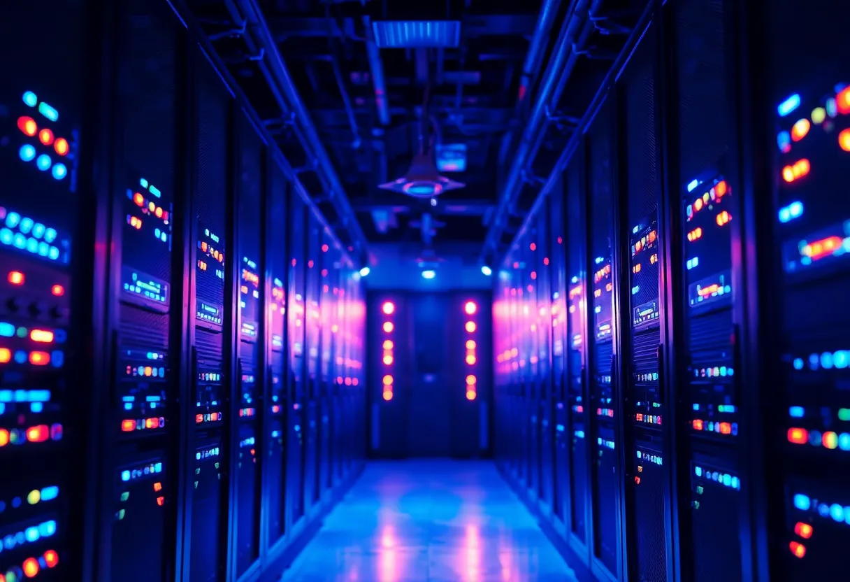 Server racks with status lights in a cool blue corridor