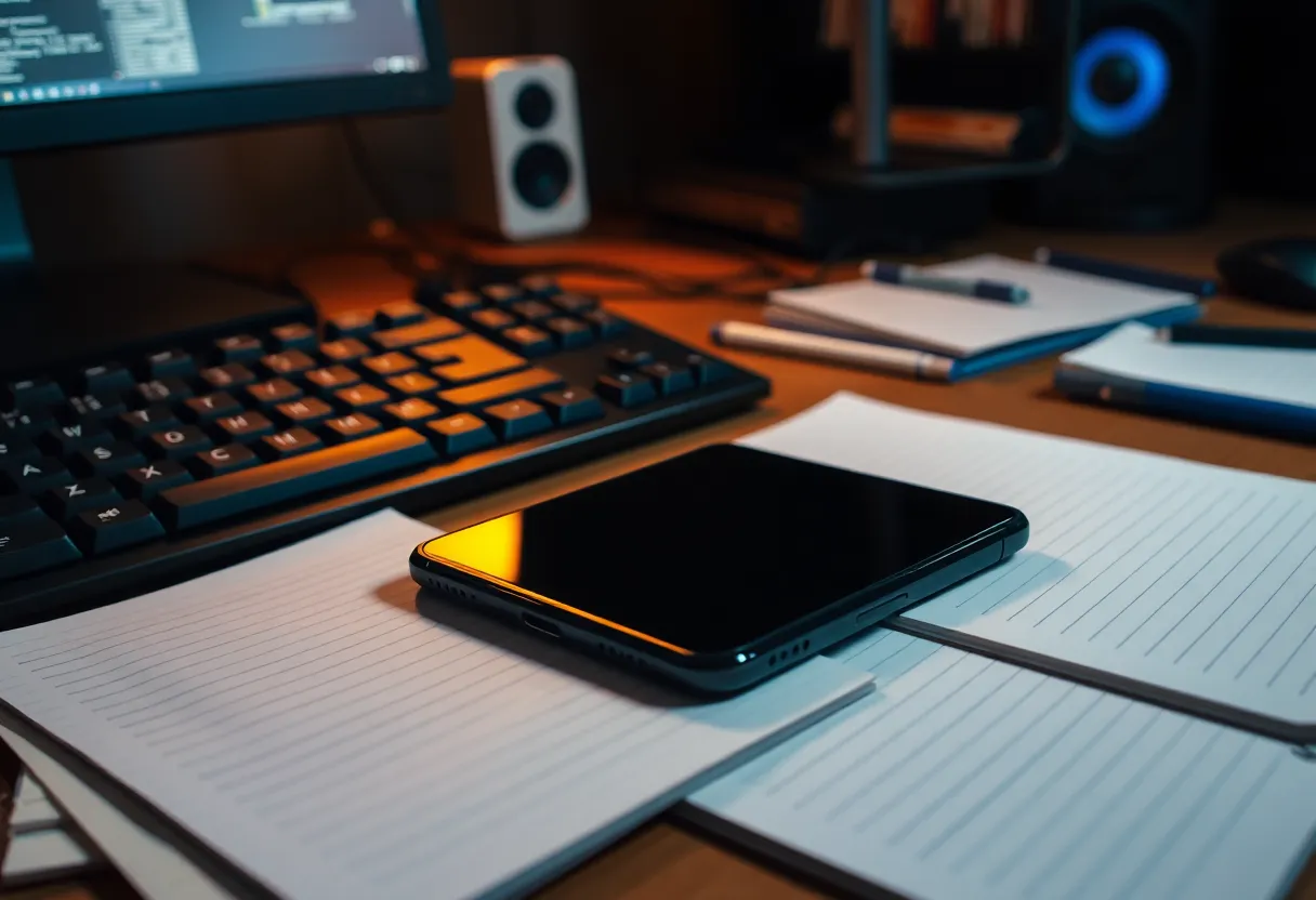 Night desk with notebook pages beside a keyboard and phone