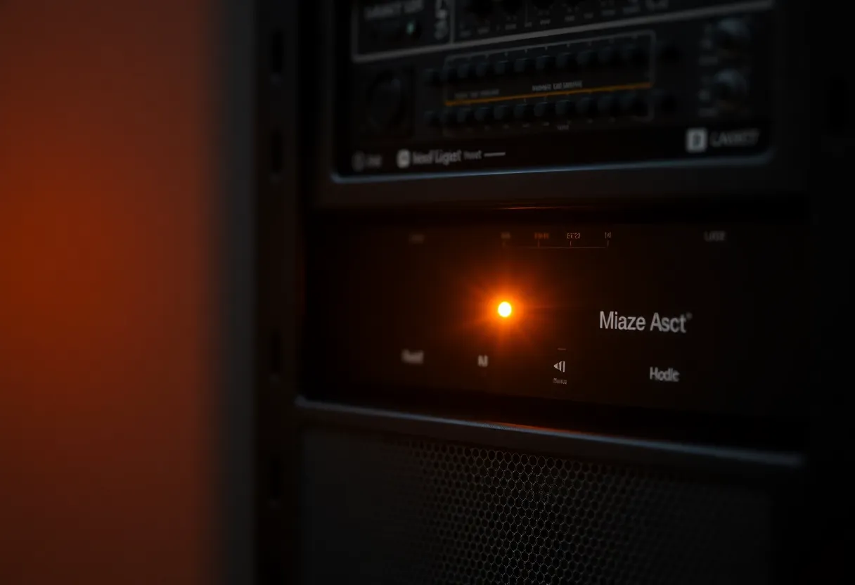Single amber status LED on dark rack equipment