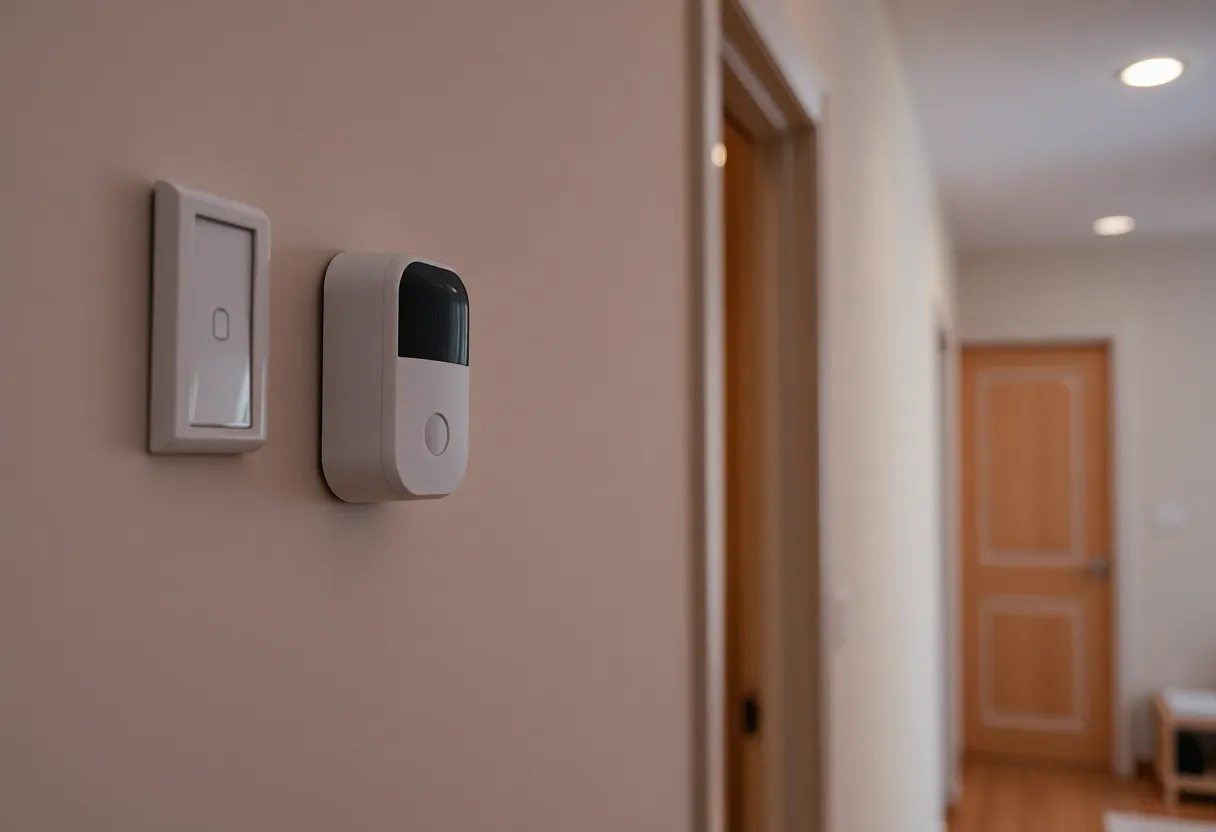 Motion sensor on a hallway wall next to a light switch