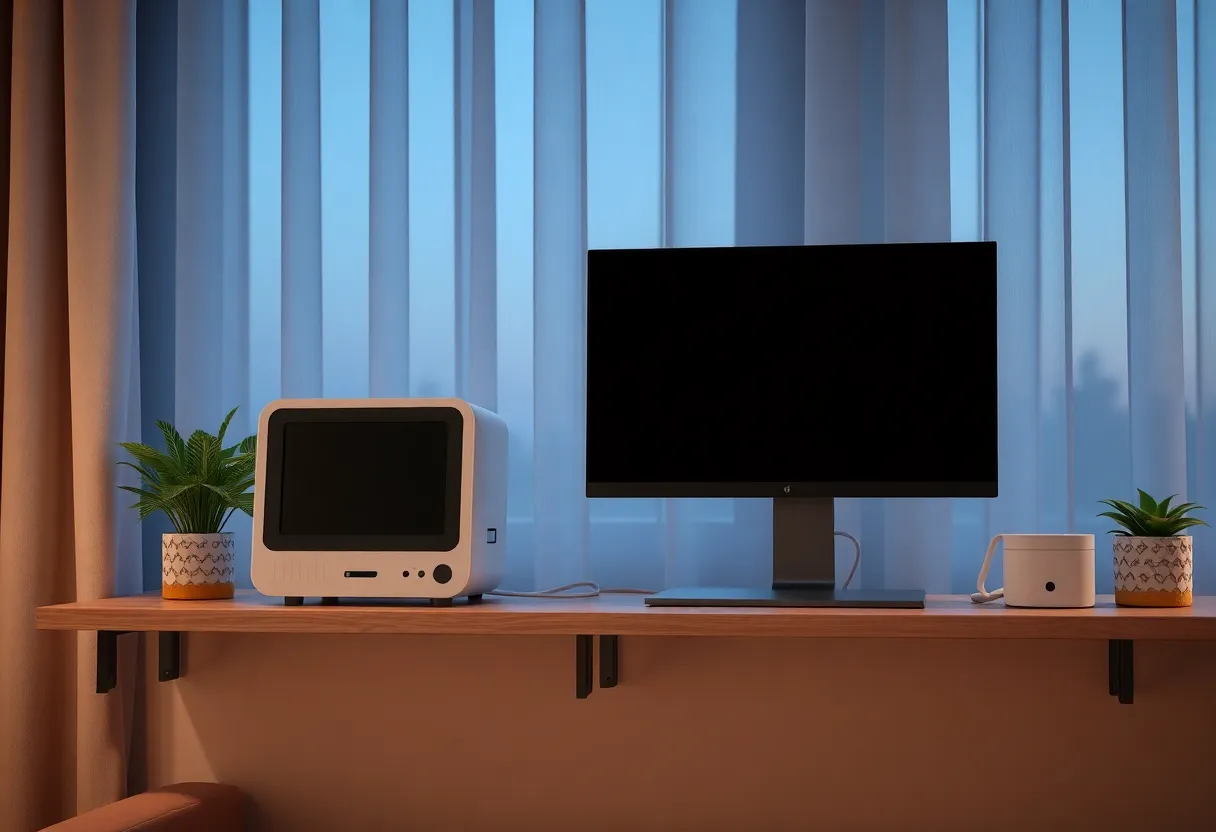 Living room shelf with a mini PC and a small white hub side by side