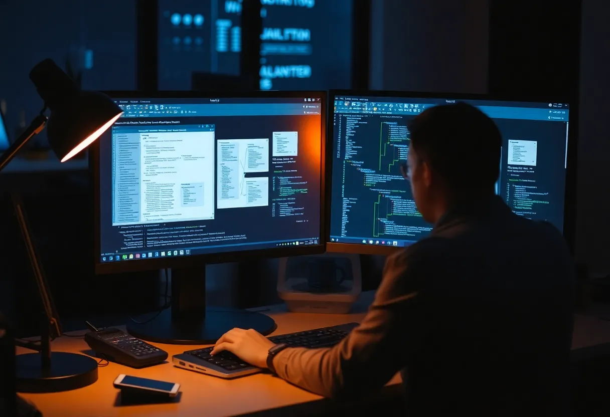 Developer reviewing database schemas on dual monitors at a desk
