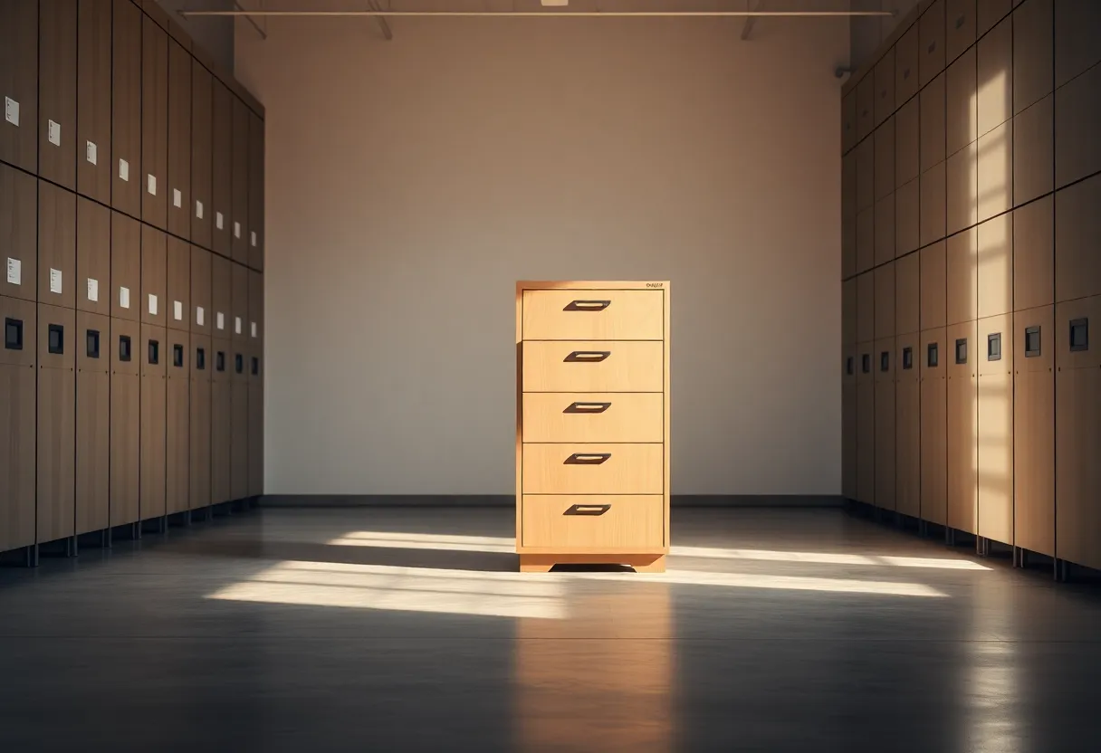 Single filing cabinet in a quiet archive room, standing for one system of record