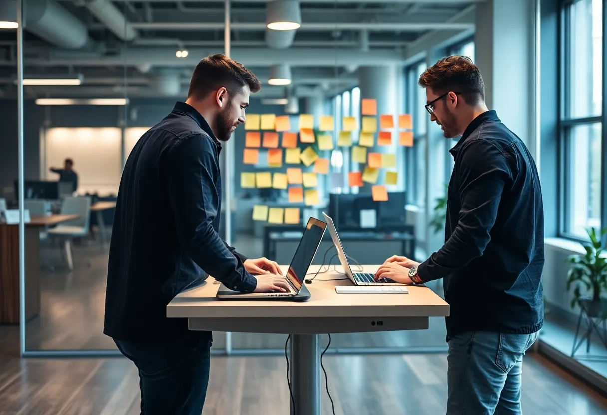 Engineers collaborating at a standing desk in a bright open office