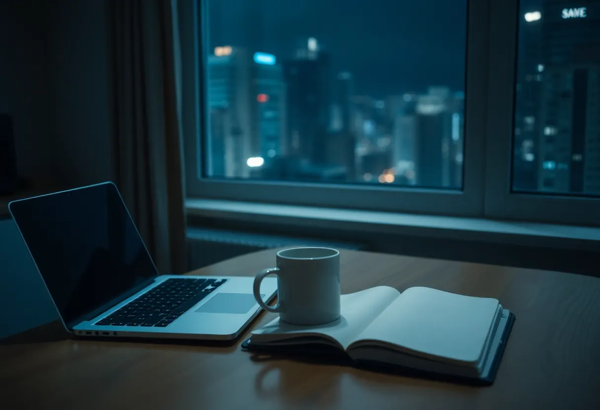 Late-night laptop and notebook on a kitchen table with city lights outside