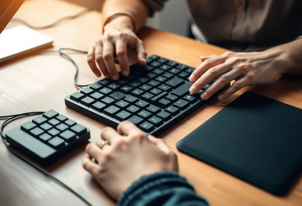 Two people sharing a keyboard and trackpad during a coding session