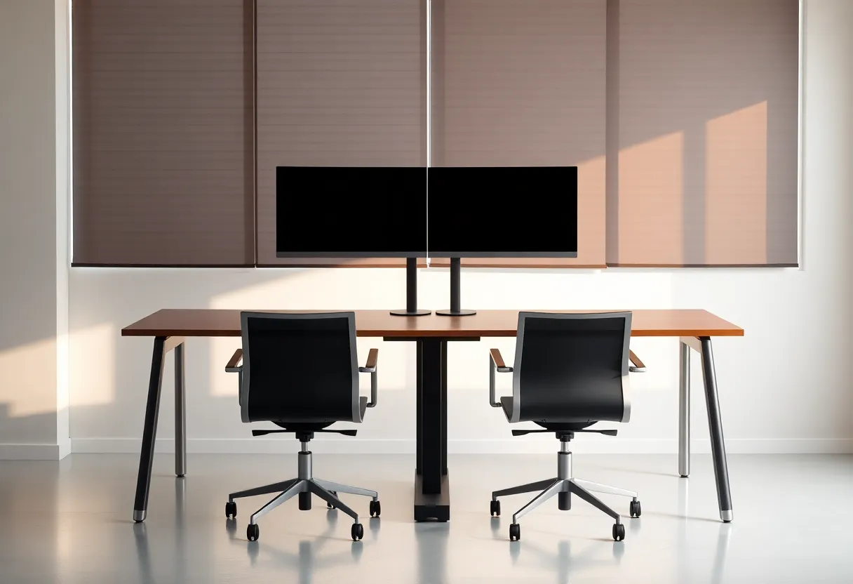 Shared standing desk with a wide monitor ready for a pairing session
