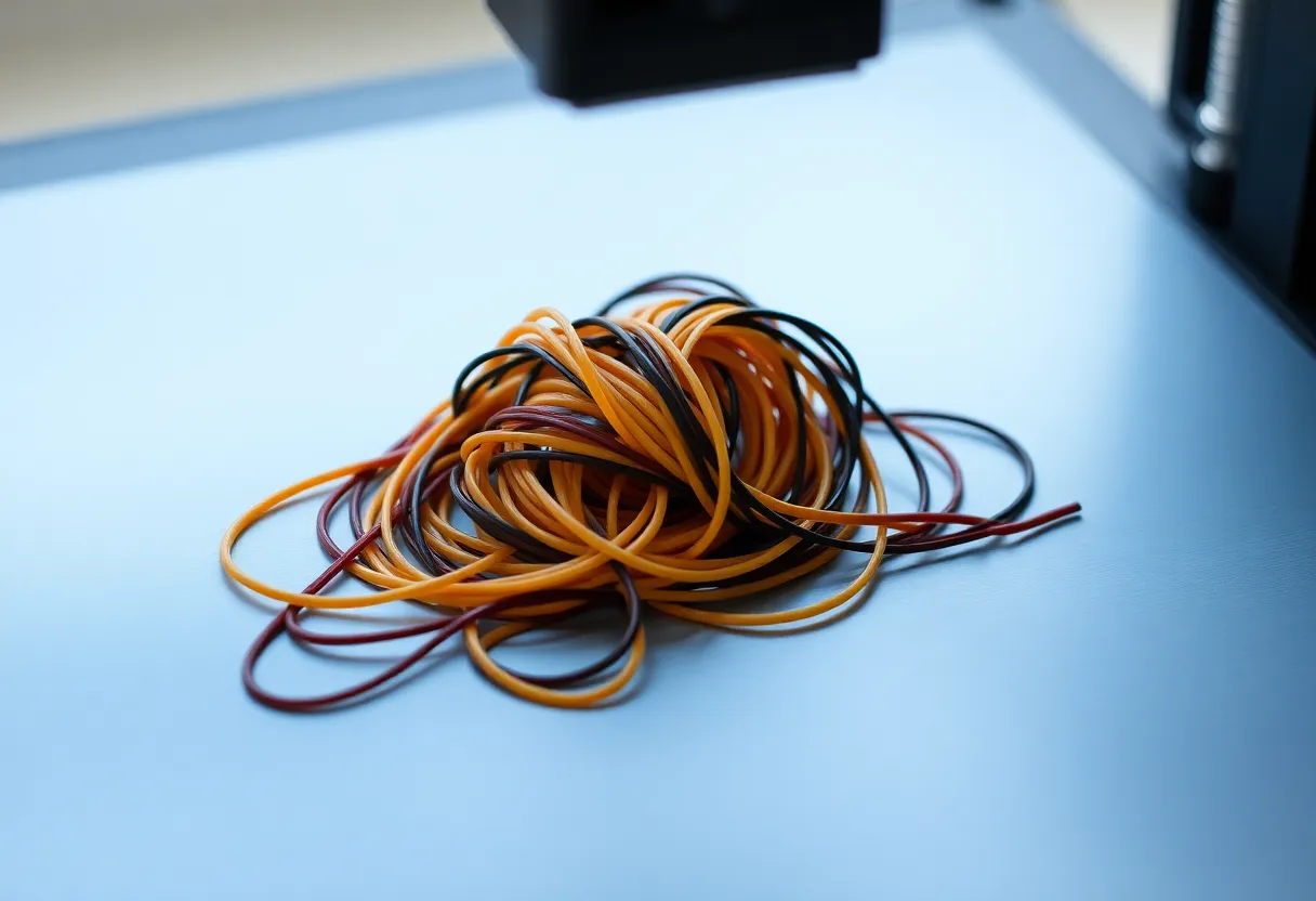 Failed 3D print with spaghetti filament on the build plate