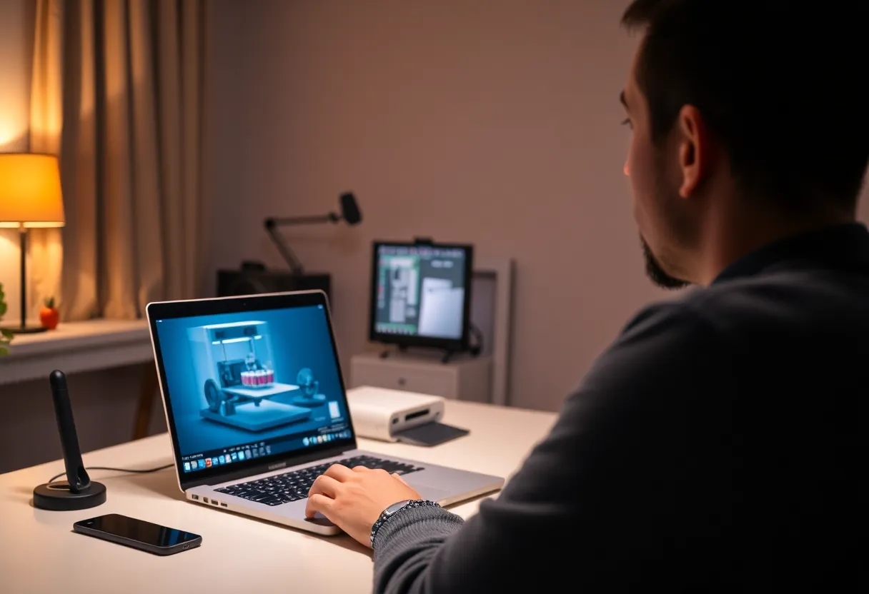 Person checking a laptop live feed of a 3D printer in another room