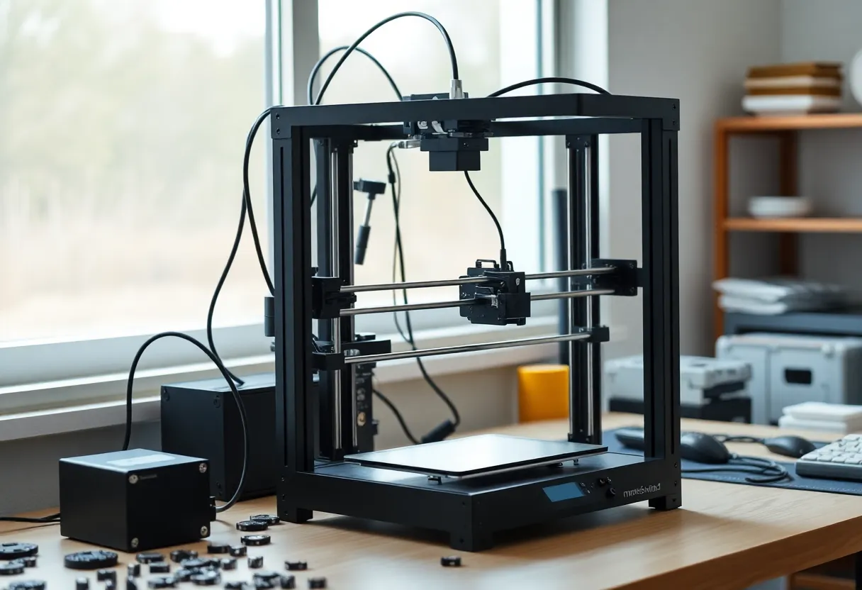 Open-frame FDM printer on a maker desk in natural light