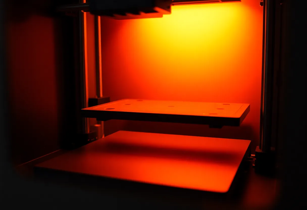 Heated build plate glowing inside a closed printer chamber