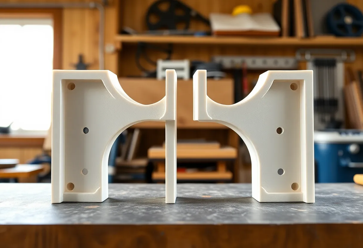 Two 3D printed brackets on a bench, one warped and one still straight